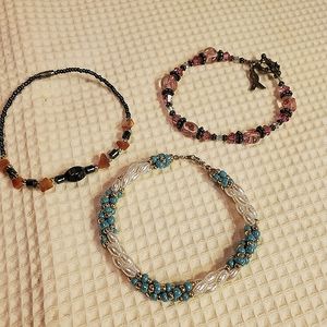3 Bracelets. Beaded. Breast cancer. Blue silver twisted. Black orange.